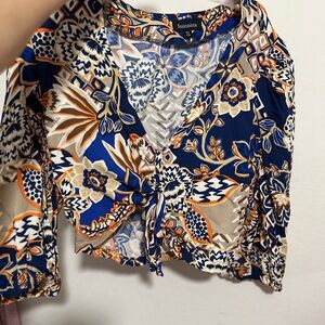 Women's Floral Tie-Front Top - Blue and Orange